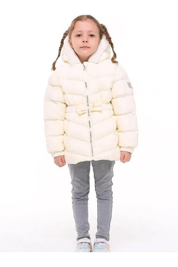 Детское пальто для девочек с поясом Plush Detailed Zekids, Cream — фото 3