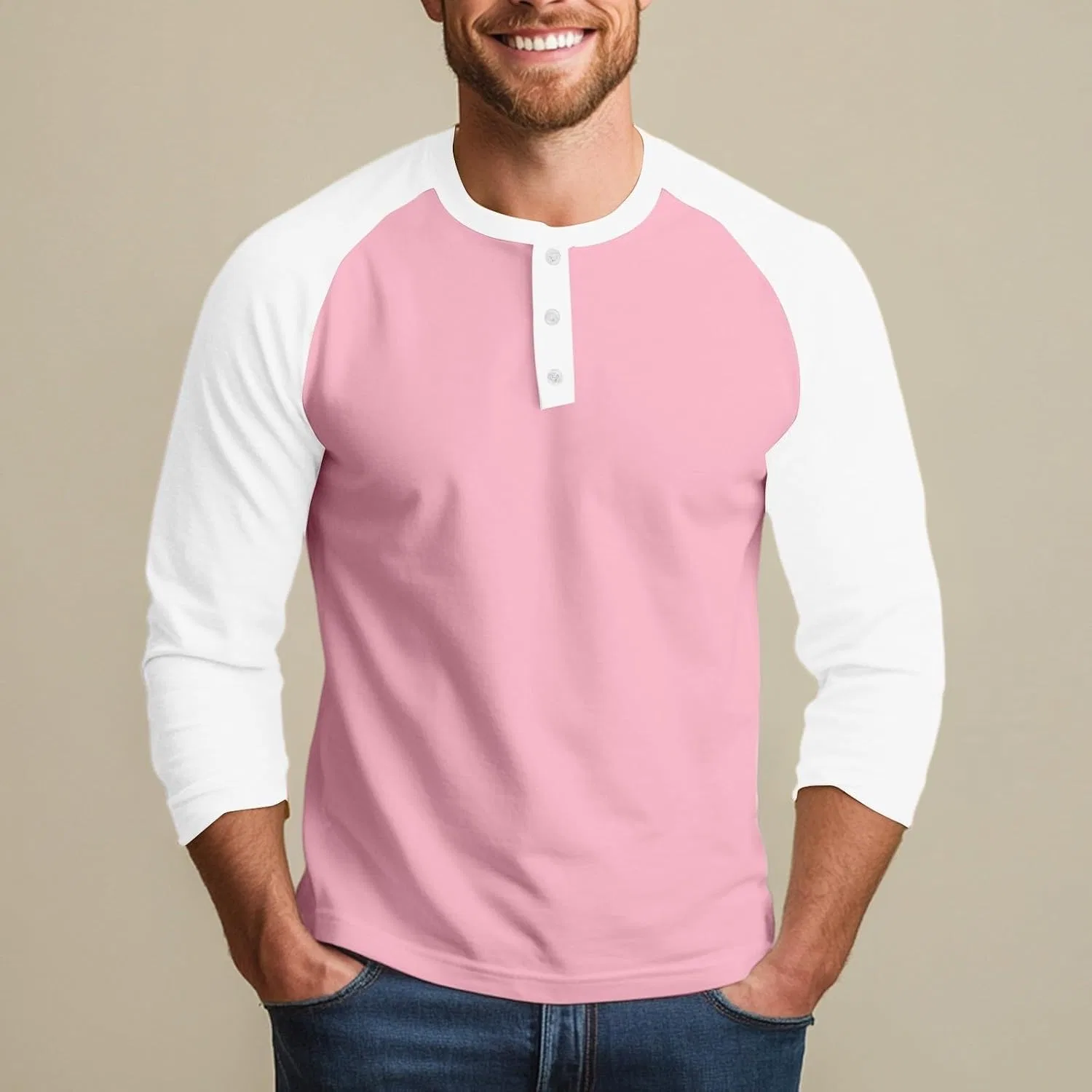 Мужская бейсбольная футболка с рукавом 3/4 Casual Raglan, Pink — фото 2