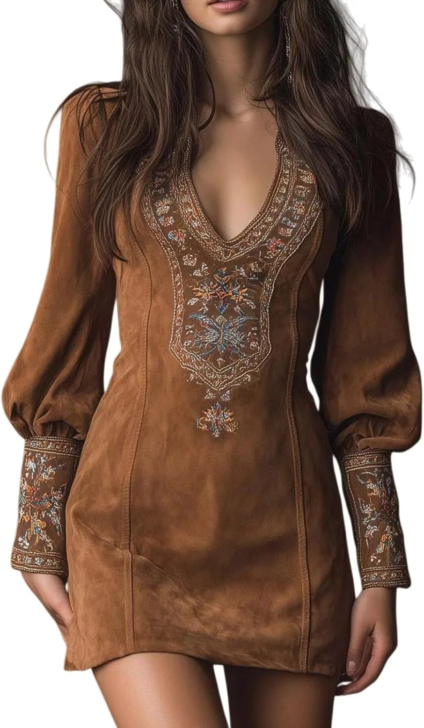 Женское мини-платье с вышивкой V-образным вырезом Boho Retro, Brown