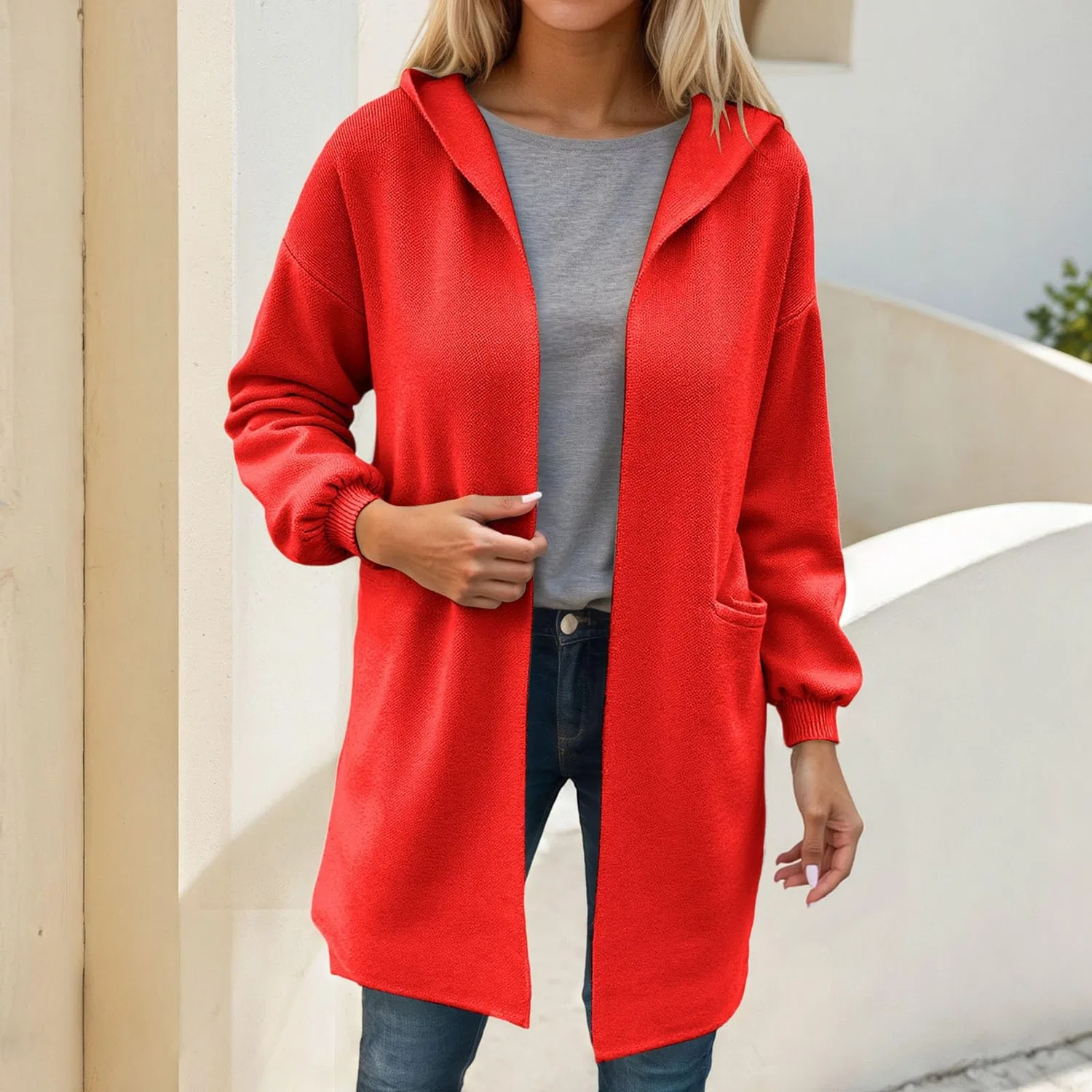 Женское пальто из плотного трикотажа с длинным рукавом, модель Cappotto in maglia spessa da donna, бренд, Rosso — фото 2