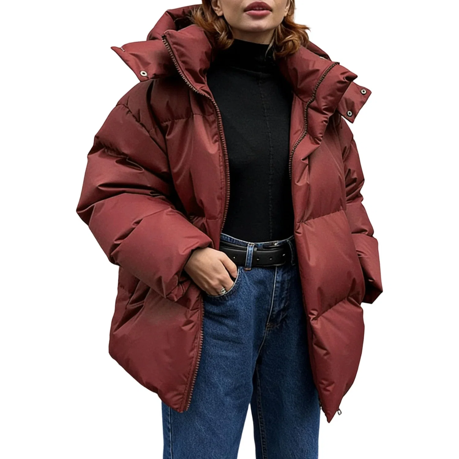 Женское зимнее стеганое пальто с капюшоном, Rosso mattone