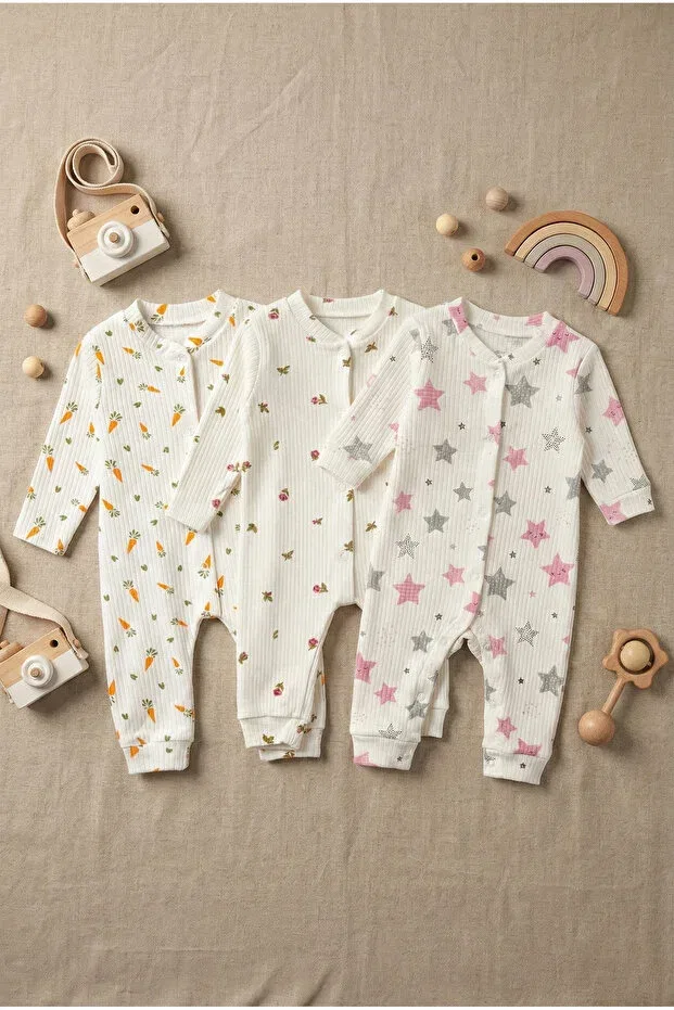 Детский комплект боди-комбинезонов из хлопка Ribbed Star Carrot and Floral Pattern Noone, 17