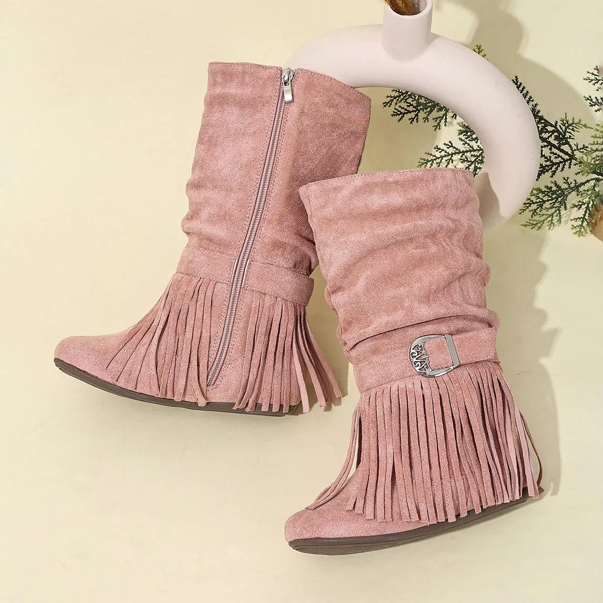 Детские сапоги для девочек с принтом Retro Tassel Cowboy Auhoho, Pink — фото 3