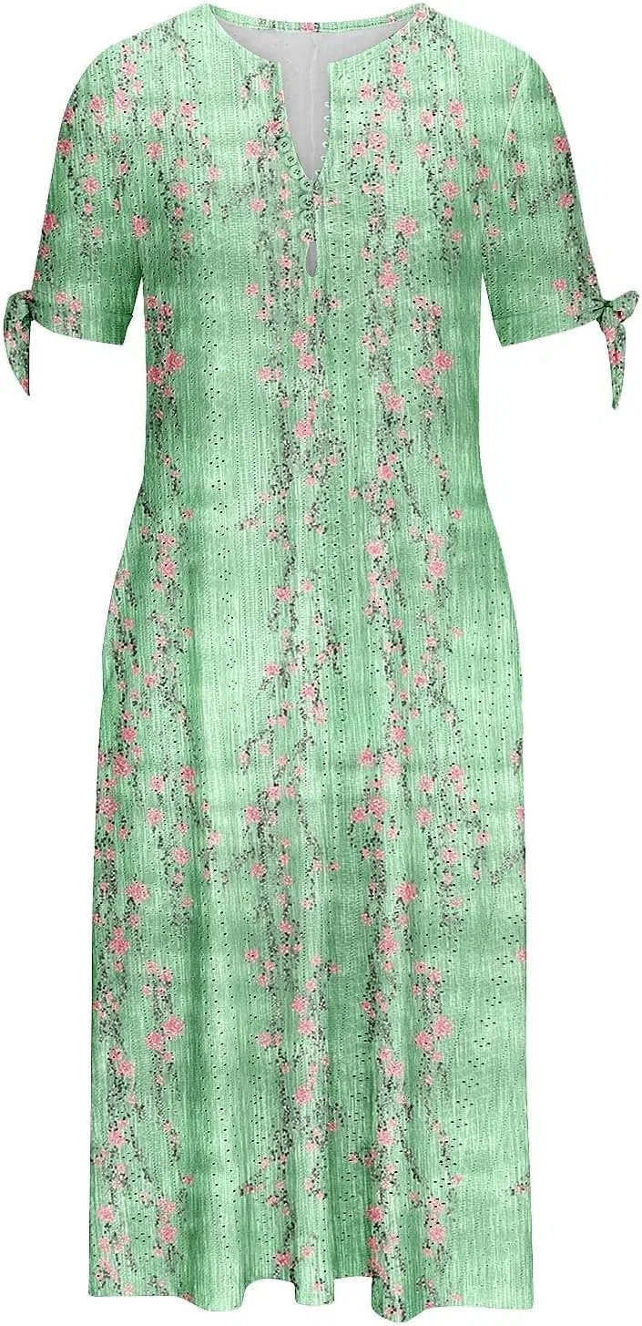 Женское летнее платье с вышивкой Eyelet Button V Neck Tie Knot Short Sleeve, Green — фото 4