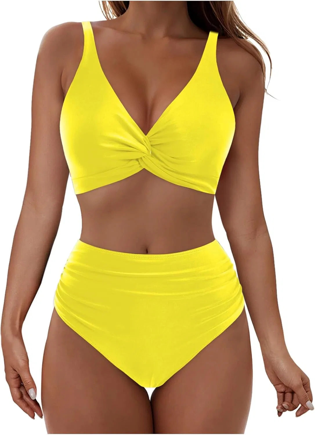 Женский купальный костюм с завышенной талией и драпировкой, Yellow
