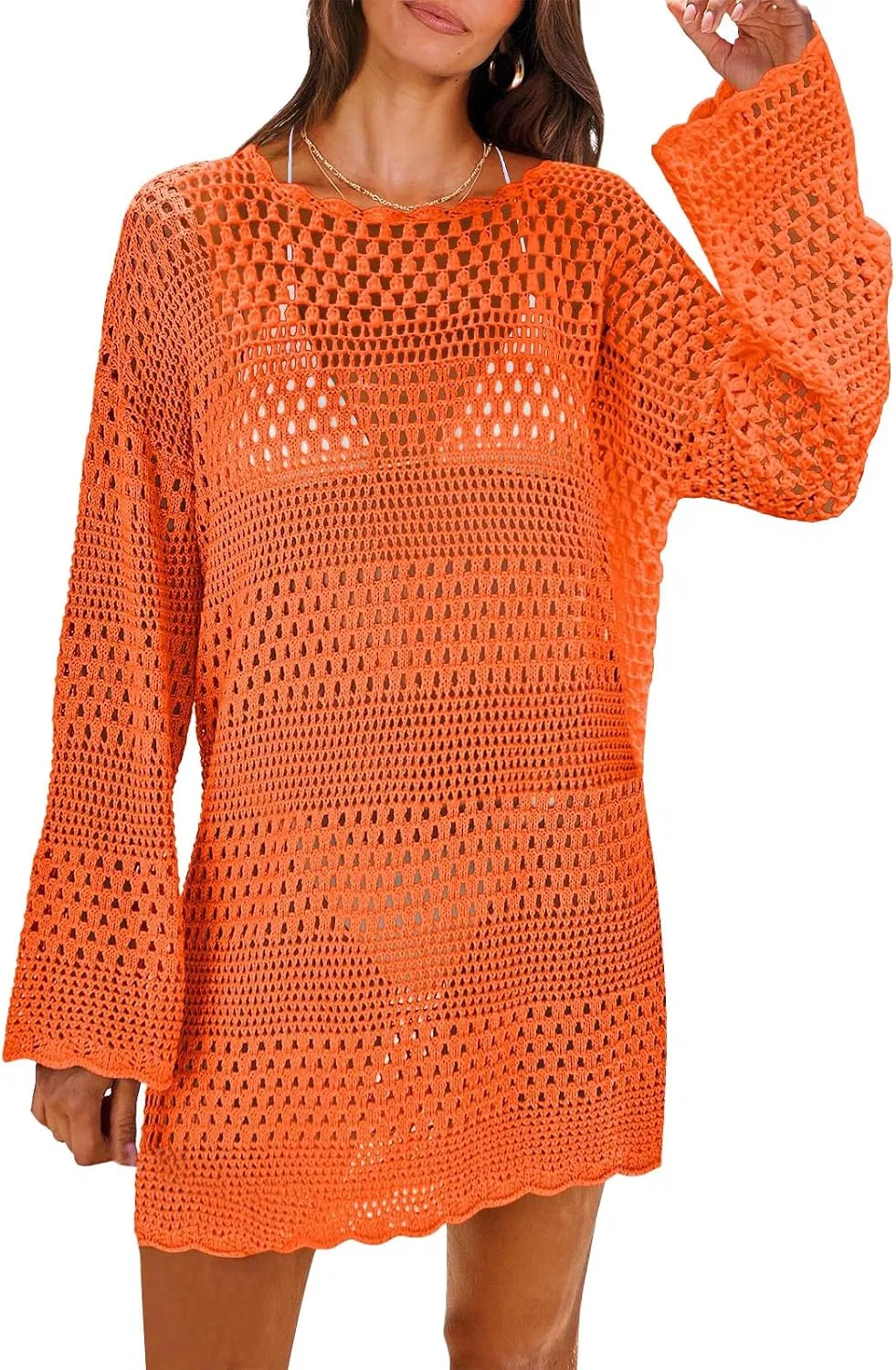 Женская вязаная накидка для купальника с длинным рукавом, Orange