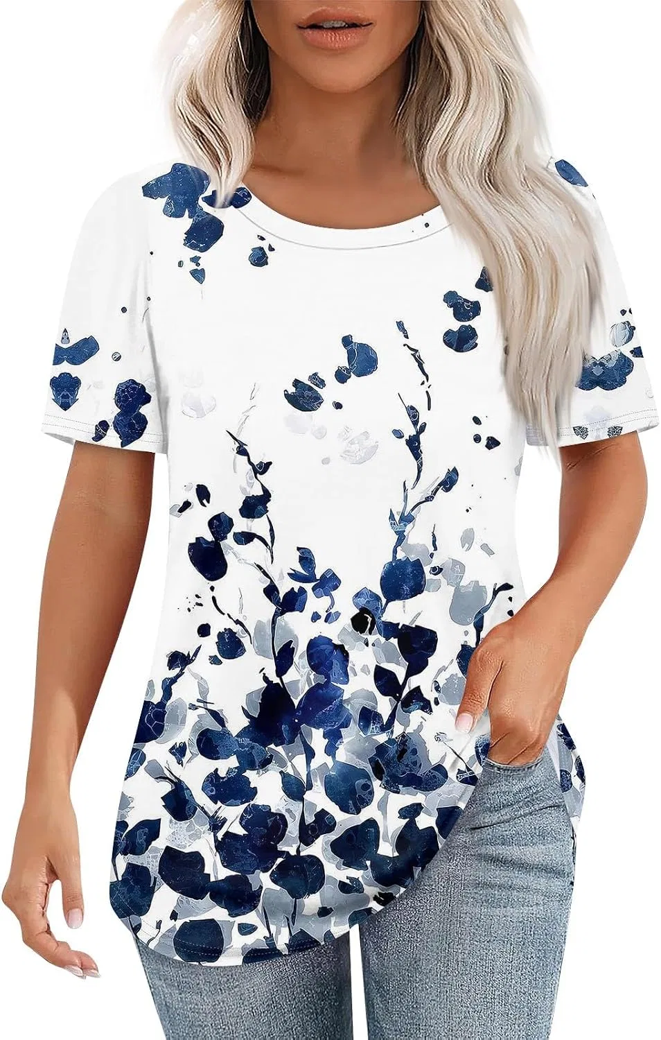 Женская футболка с цветочным принтом, Short Sleeve Crew Neck, Blue