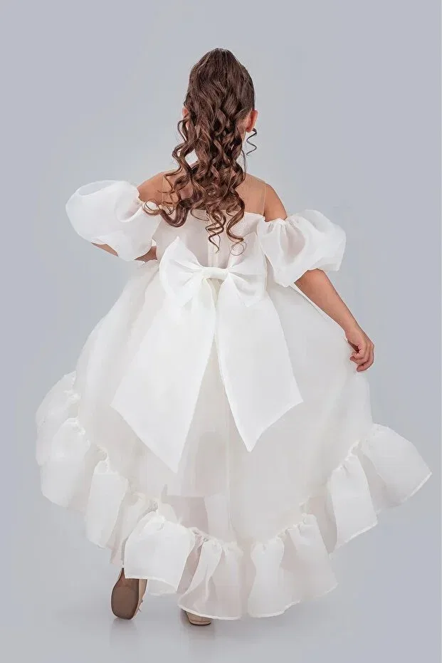 Детское платье для девочек с принтом Flared Madonna Collar Puffy Chiffon Luxury Children's Evening Dress-Party-Birthday Dress Dekubaby, Beige