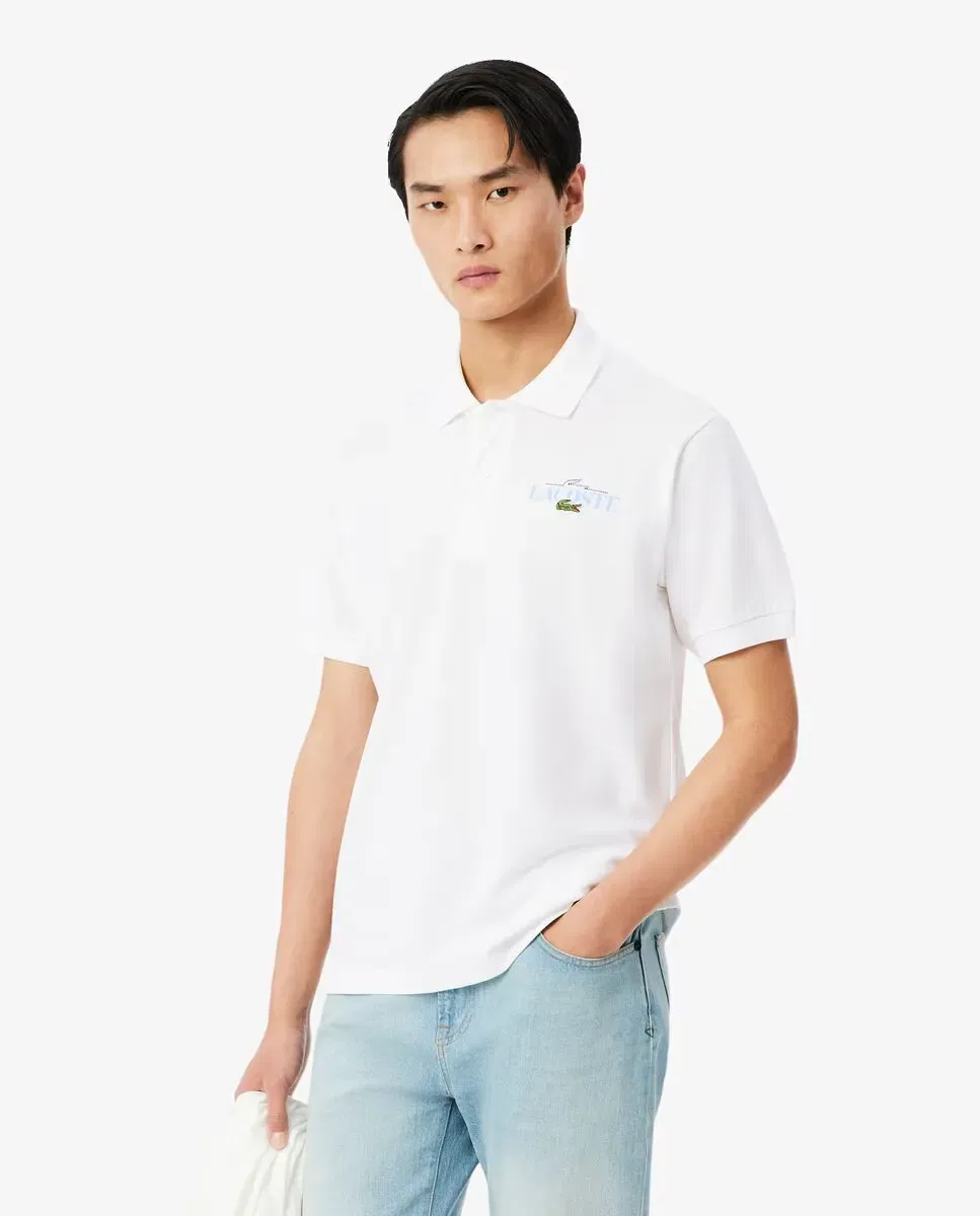 Мужское поло Lacoste с коротким рукавом, приталенный крой, Blanco