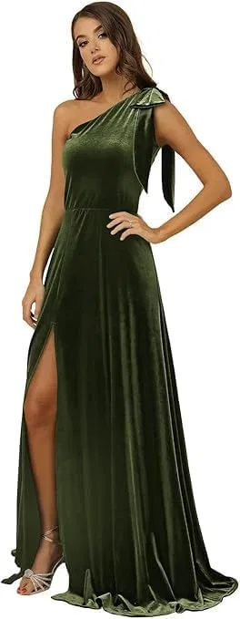 Женское вельветовое платье с одним плечом и разрезом, Moss Green