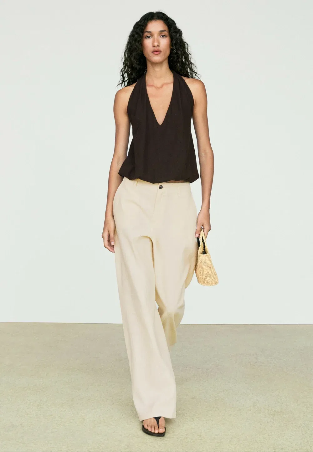 Брюки свободного кроя из смесовой льняной ткани Massimo Dutti, Yellow — фото 4