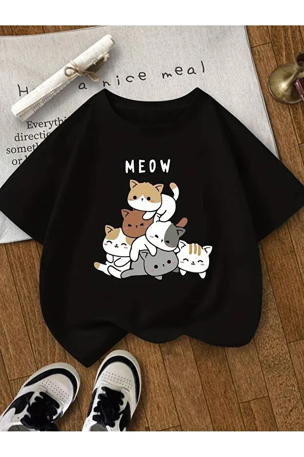 Детский комплект футболок с принтом для девочек 6 cute cat printed t-shirts Galashop, Siyah