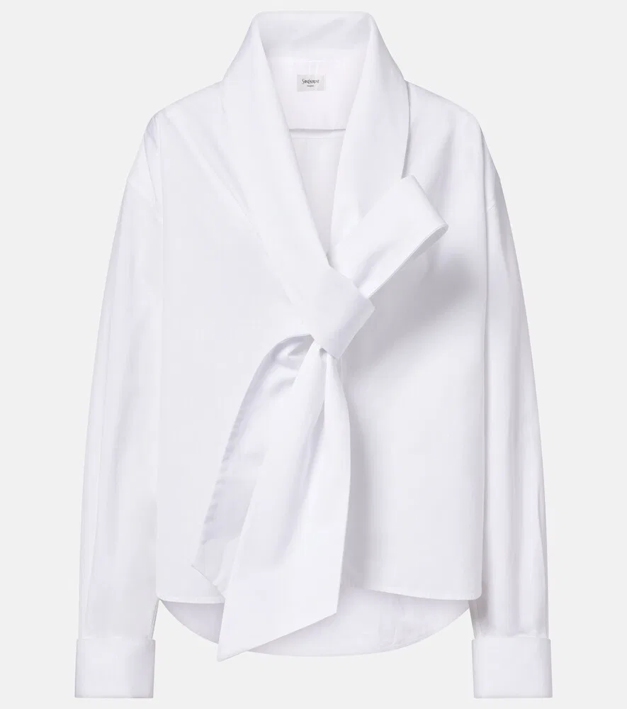 Блузка из хлопкового поплина с бантом Saint Laurent, белый