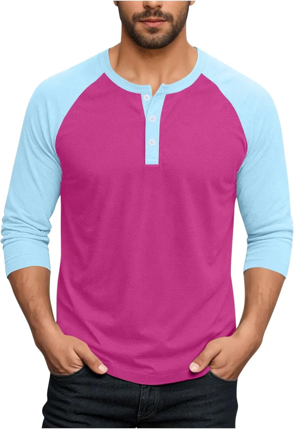 Мужская хенли футболка с 3/4 рукавом, Light Blue