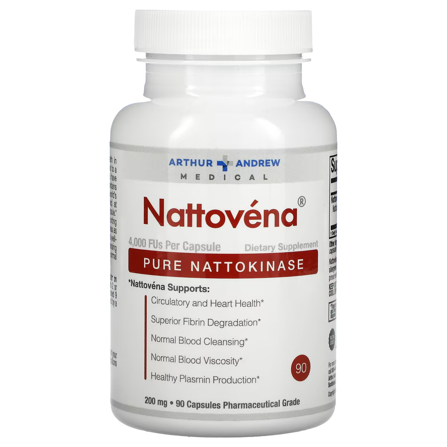 

Arthur Andrew Medical, Nattovena, чистая наттокиназа, 200 мг, 90 капсул