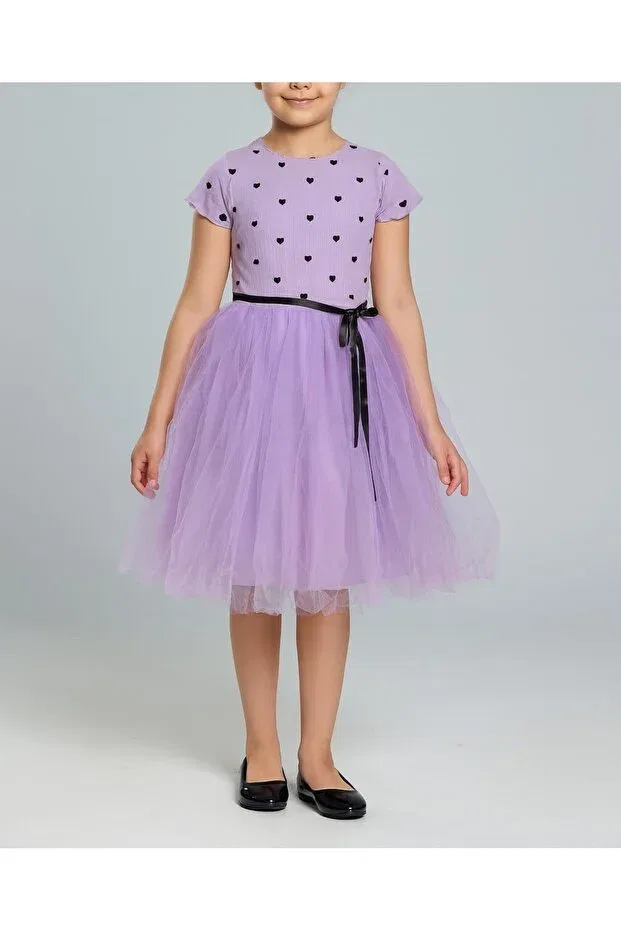 Детское платье для девочек с принтом Heart Lined Tulle Cotton Flexible Woven Neocotton, Shortsleeve-Lila