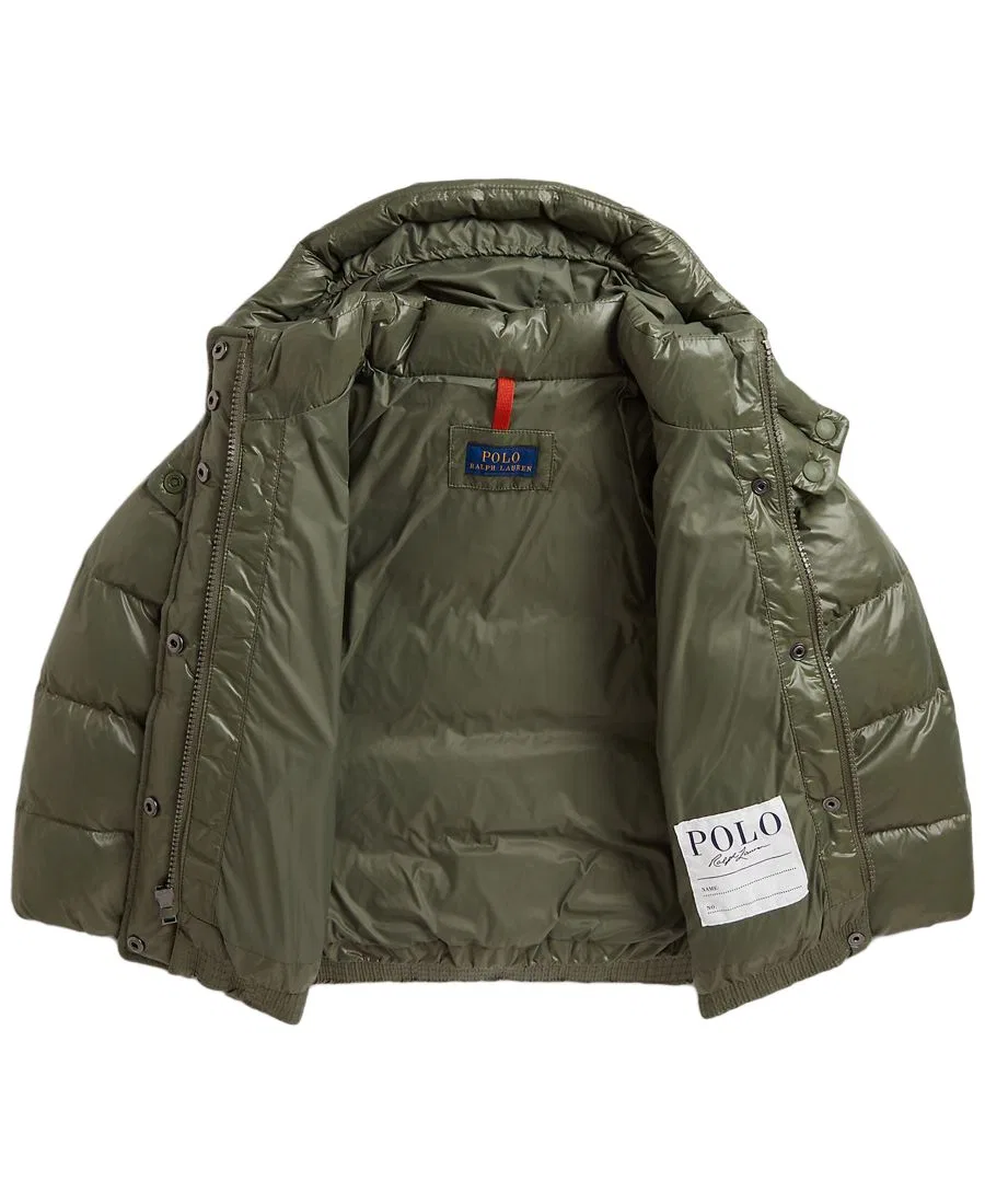 Детская блестящая куртка с капюшоном с наполнителем из утиного пуха Polo Ralph Lauren, Cruise Olive — фото 3