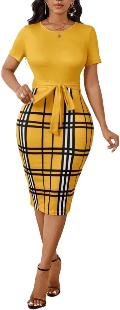 Женское элегантное платье миди с поясом Bodycon, Yellow