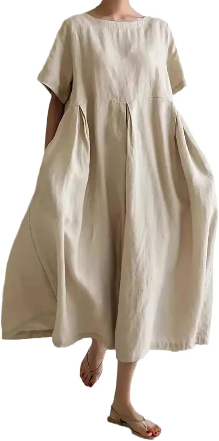 Женское свободное платье из хлопка и льна с оборками, Beige