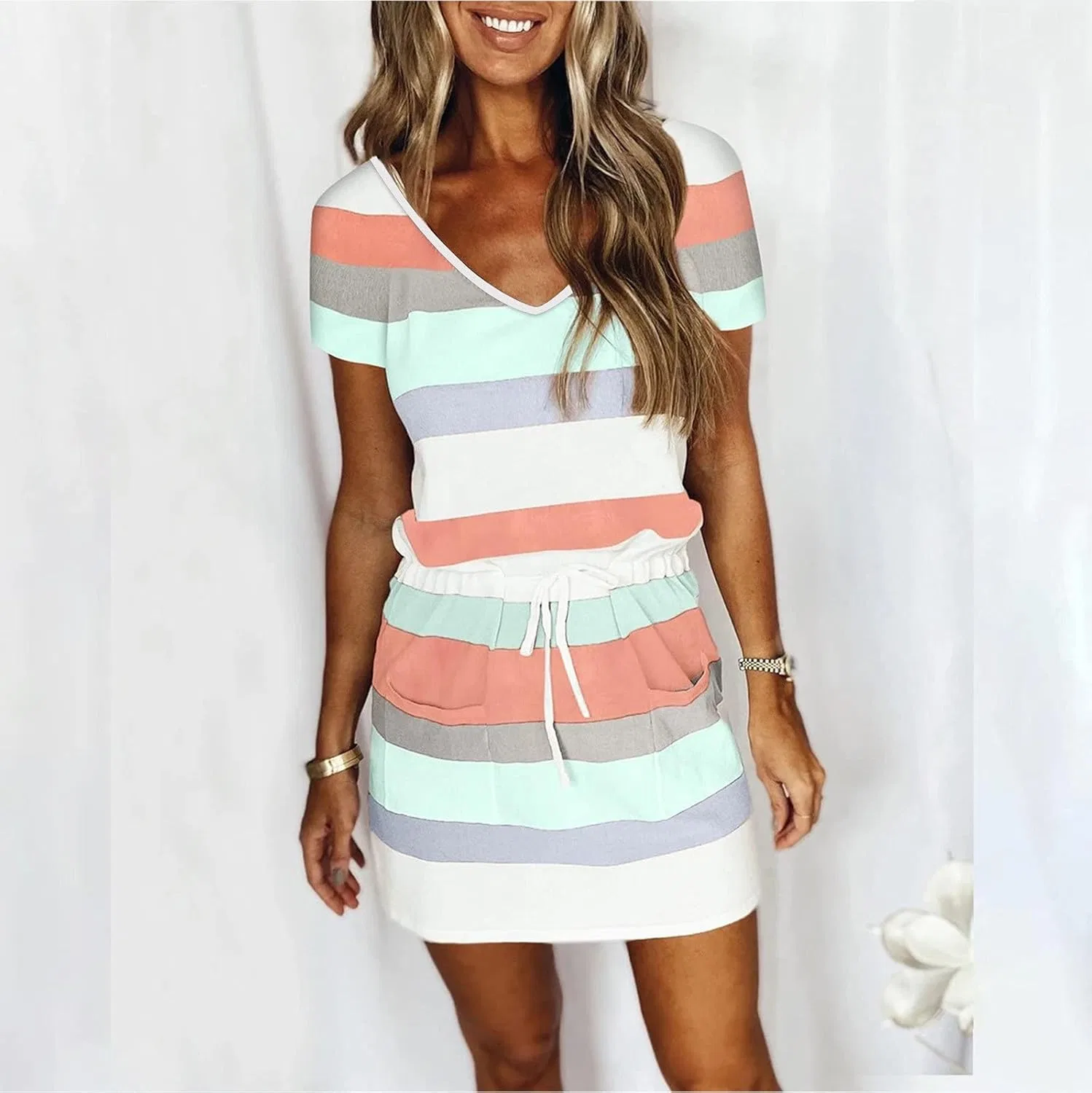Женское летнее платье с полосками A-силуэта с завязкой, Mint Green — фото 2