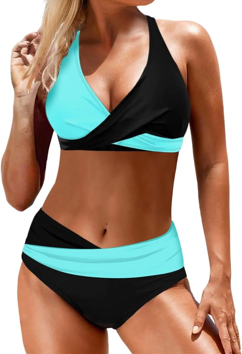 Женский спортивный бикини с диагональными полосками, Black/Blue