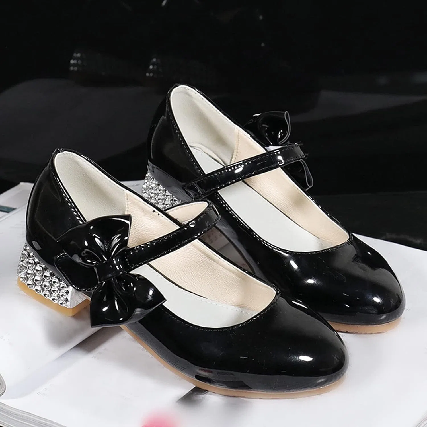 Детские туфли для девочек с бантом Mary Jane Flat Princess Wedding Party Bowknot Child Little/Big Kids School Low Heel Rhinestone Egmy, Black — фото 4