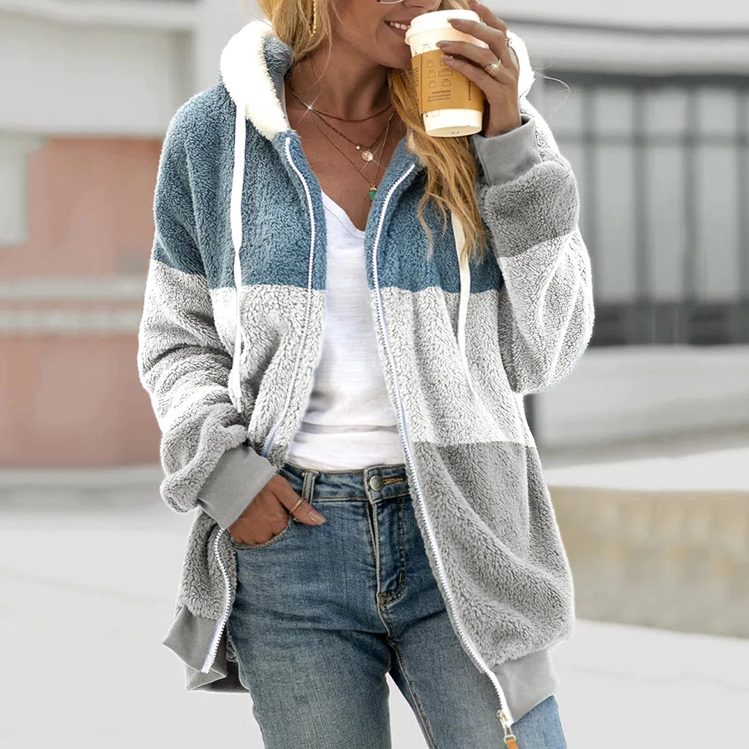 Женская флисовая куртка с капюшоном, легкая, Women's fleece jacket with hood, Grey — фото 3