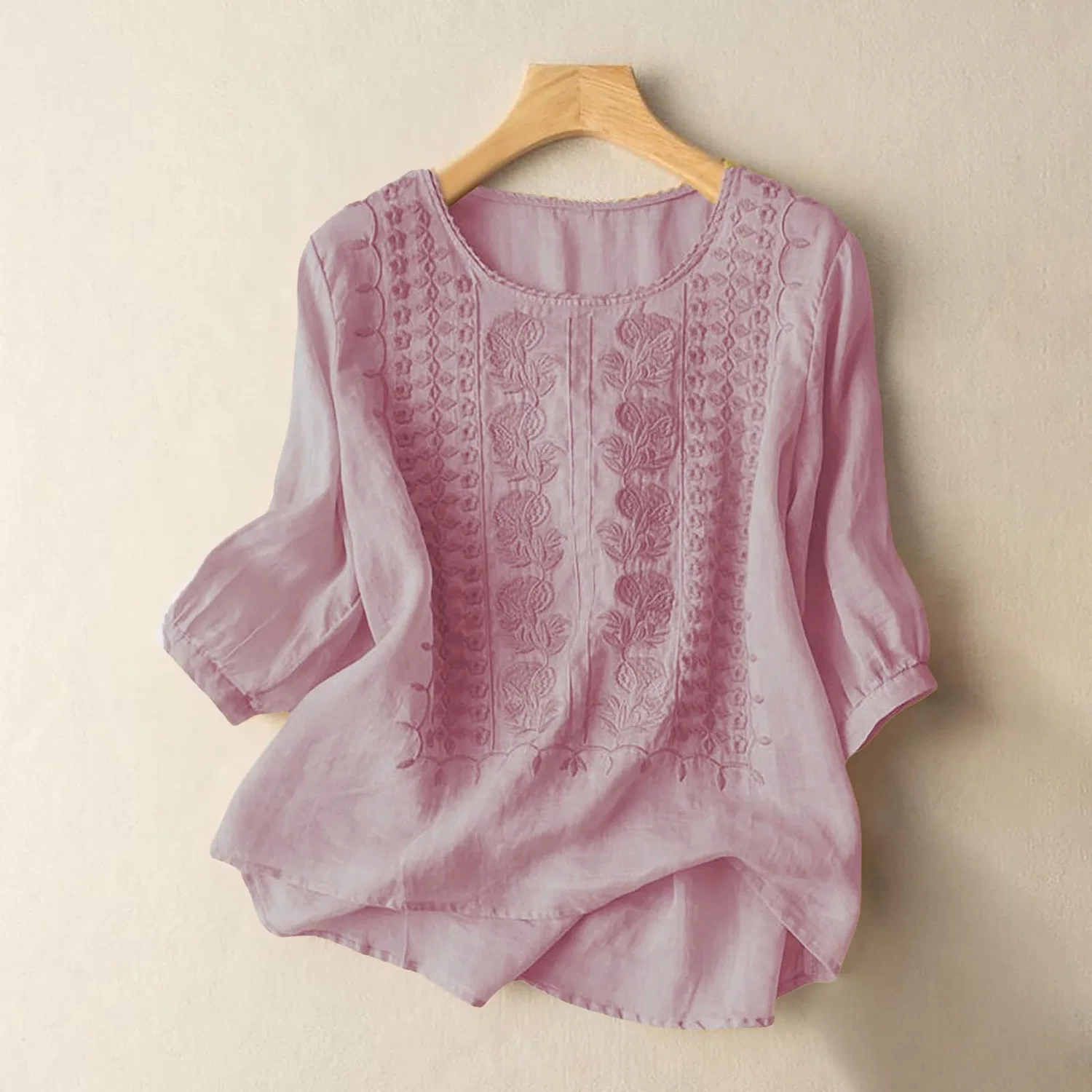 Женская блуза с цветочной вышивкой Cotton Linen Tops, Z12-pink Linen Shirts for Women — фото 3