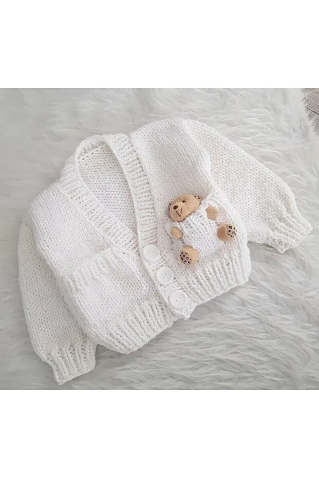 Детский кардиган с длинным рукавом Hand knitted unisex baby kids cardigan with teddy bear El Örgüsü, White