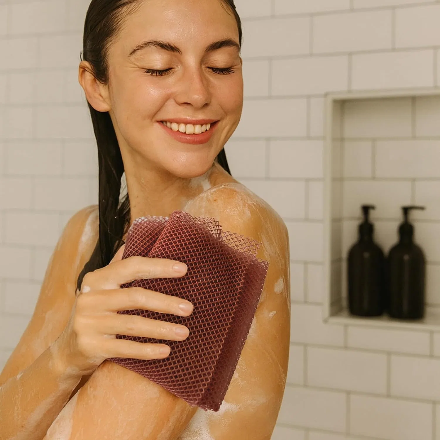 Мочалка для тела Mesh Sponge, нейлон, коричневый, 2 шт, 21x19x3 см Kronabelle — фото 4