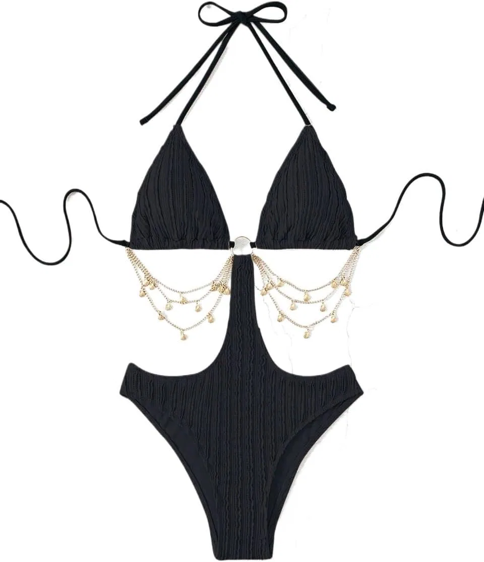 Женский монокини с вырезами и цветовыми блоками Halter Neck, Black — фото 4