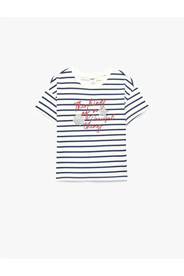 Детское для мальчиков футболка хлопковая с принтом Koton, Ecru Striped — фото 2