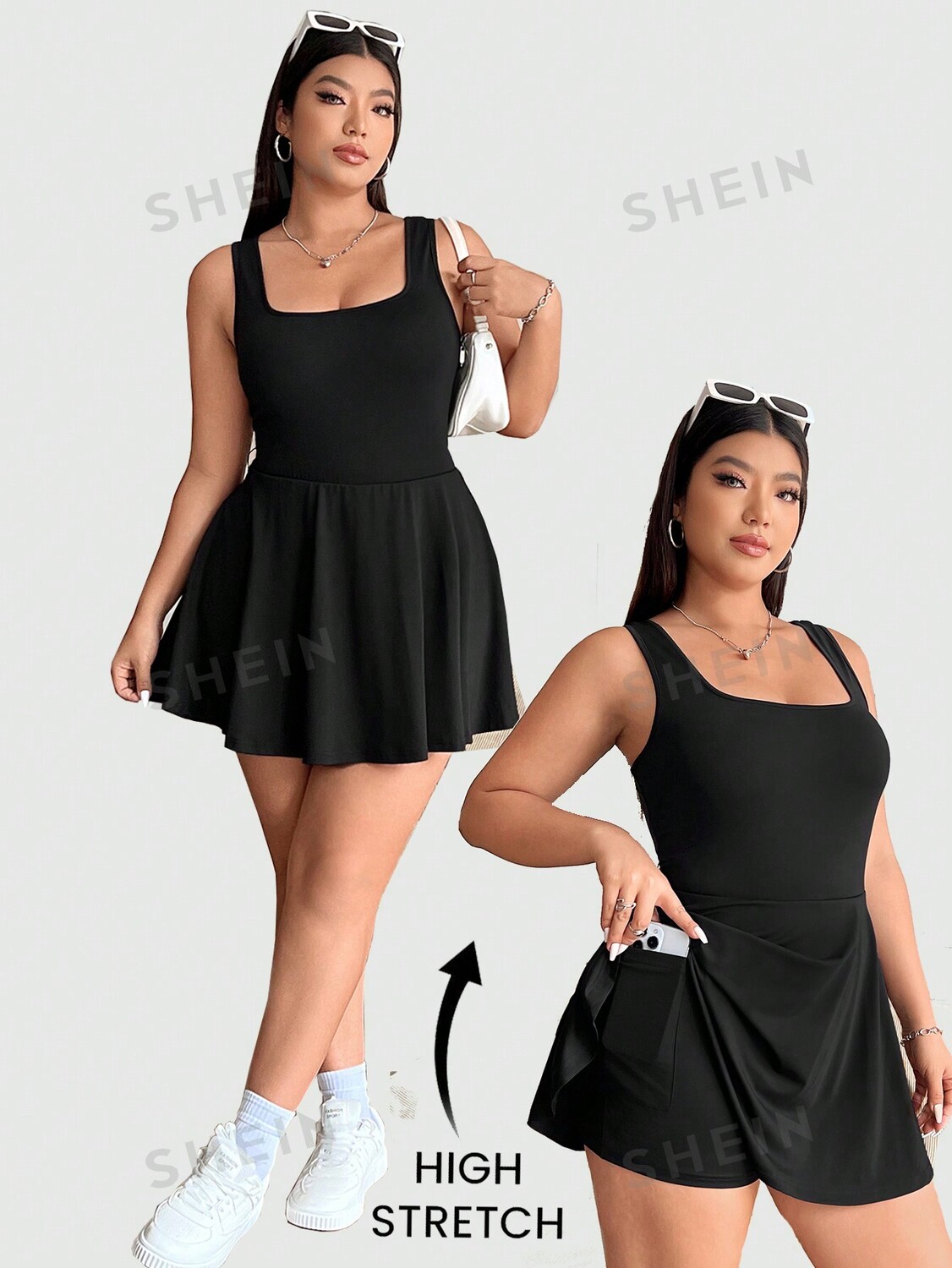 

EZwear, Женский комбинезон без рукавов больших размеров, однотонный цельный комплект с карманами Shein, черный