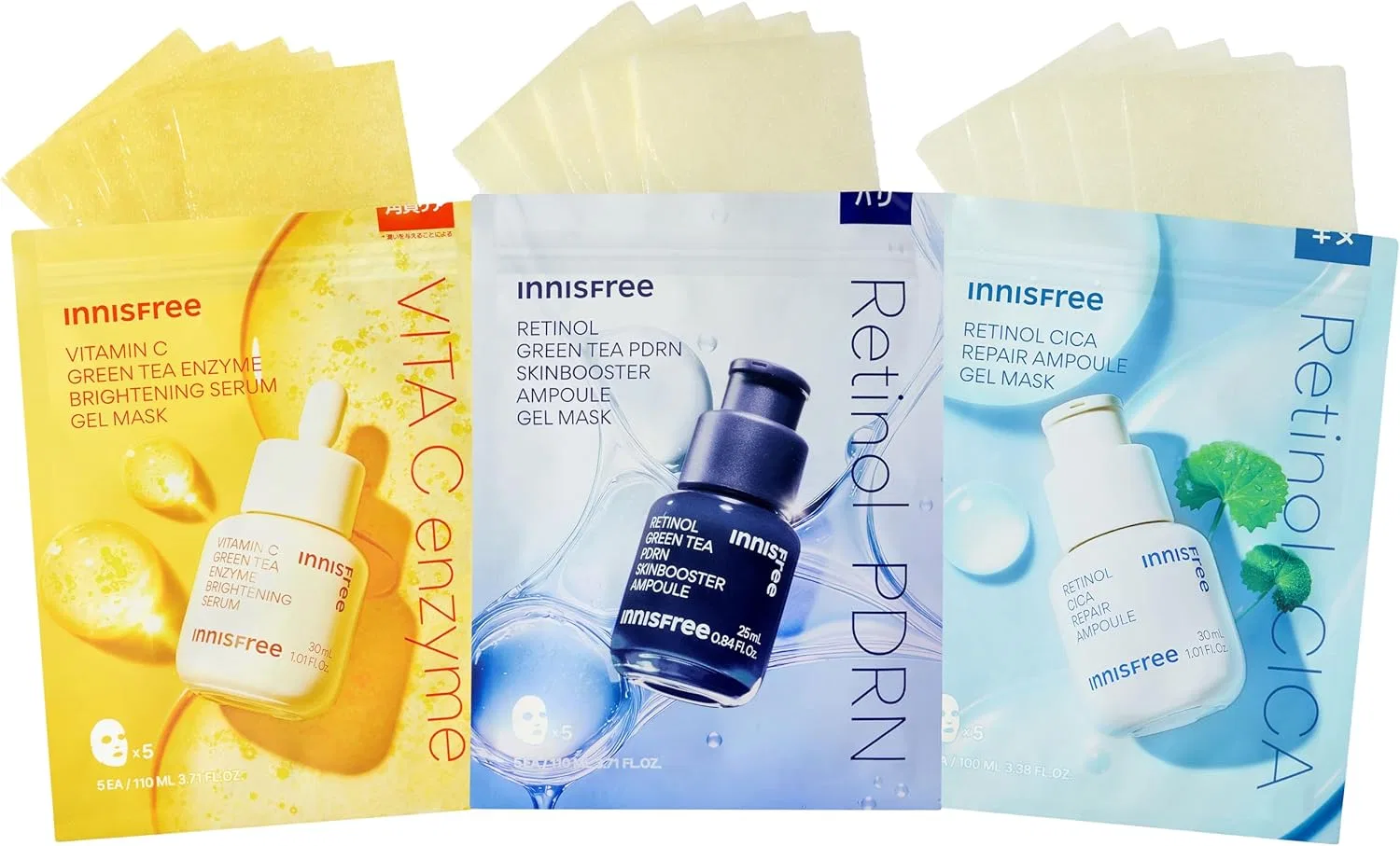 Набор гелевых масок для лица Innisfree, 5 листов x 3 типа, увлажнение