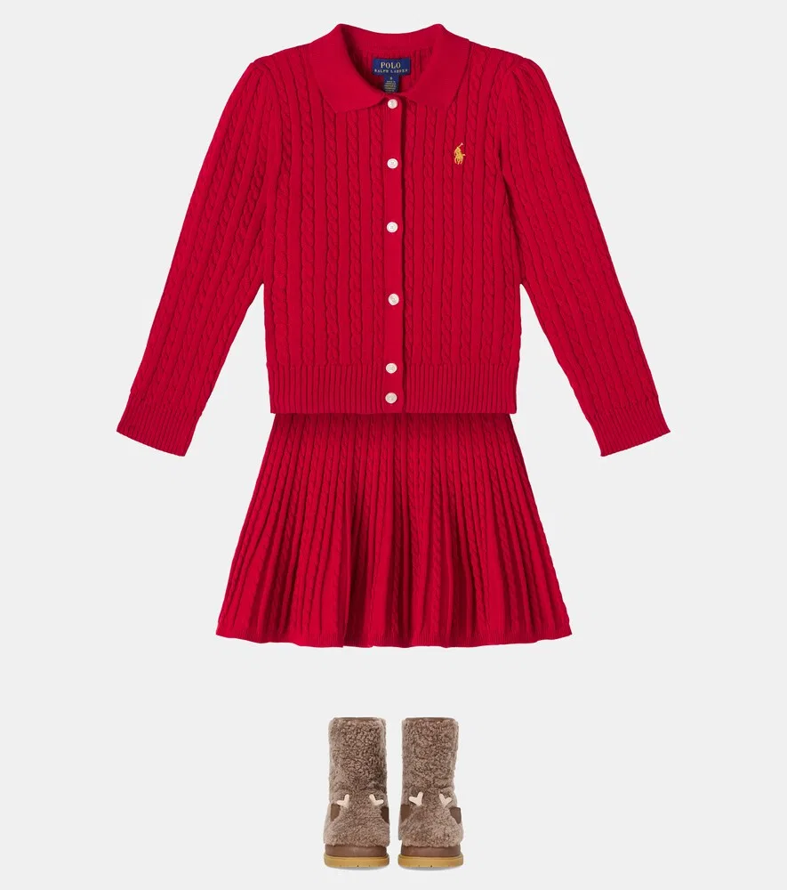 Комплект из хлопкового кардигана и юбки крупной вязки Polo Ralph Lauren Kids, красный — фото 2