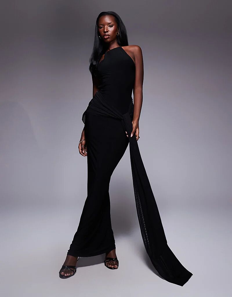 

Платье макси ASOS DESIGN с высоким воротом и двойным разрезом черного цвета