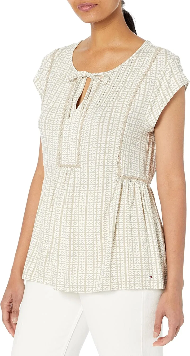 Блуза с капюшоном и галстуком Cap Sleeve Pintuck Dressy Knit Top, Tommy Hilfiger, коралловый — фото 3