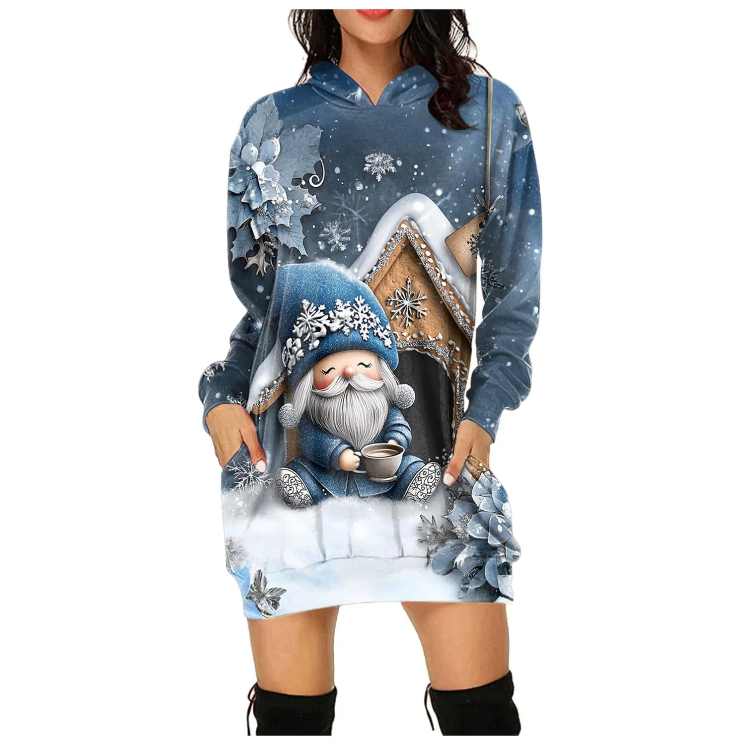 Женское худи с капюшоном с принтом Reindeer Snowman, azure