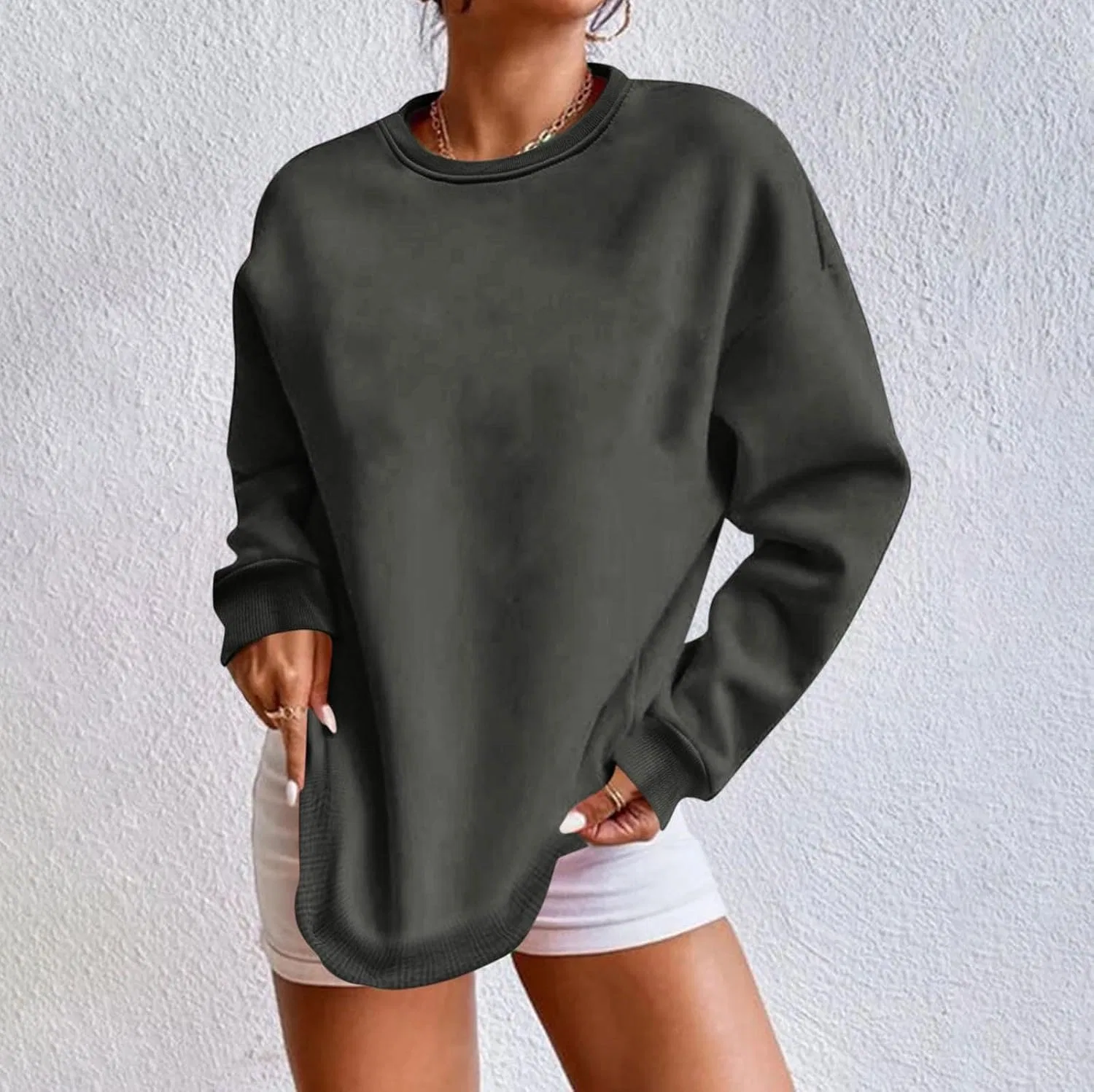 Женский свитшот с флисовой подкладкой, с длинным рукавом, 2-Dark Gray — фото 2