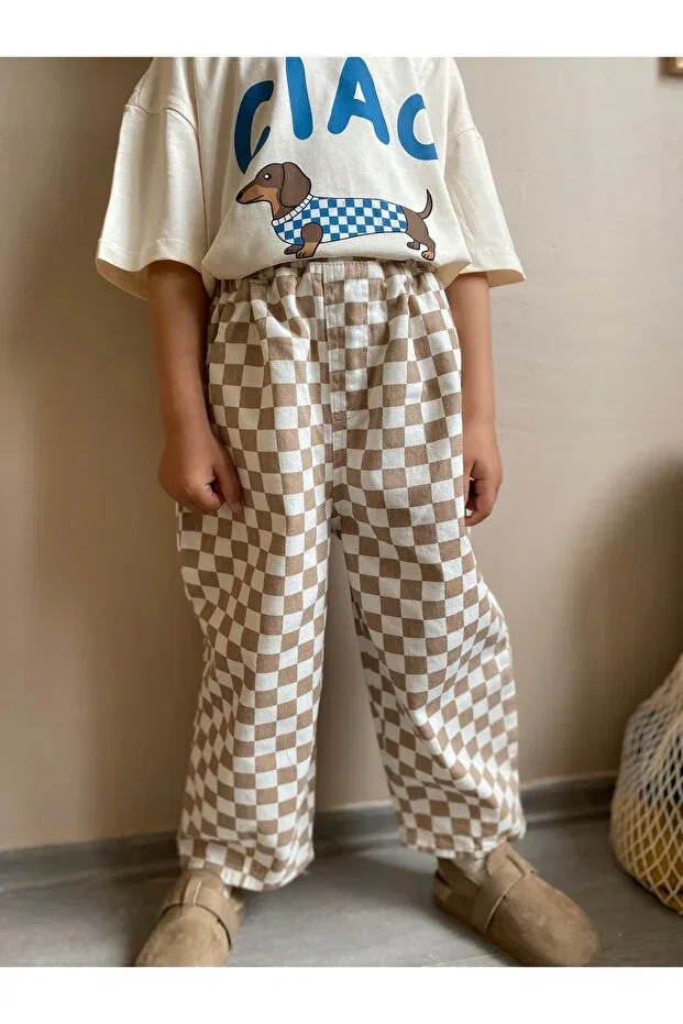 Детские брюки для девочек широкие Checkered pants Padri Kids, Nude Color — фото 4