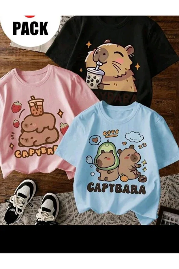 Детская футболка для девочек с принтом Capybara printed short sleeved t-shirt pack Magors, Black-Pink-Blue
