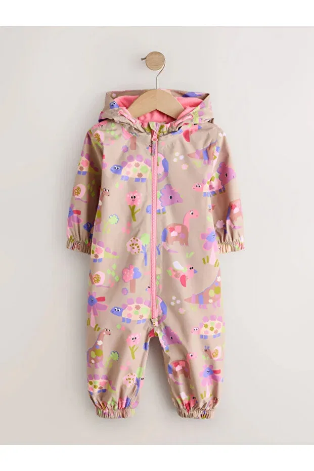 Детский комбинезон для новорожденных с принтом Dinosaur patterned fleece lined raincoat astronaut jumpsuit Next Baby, Light Mink — фото 3