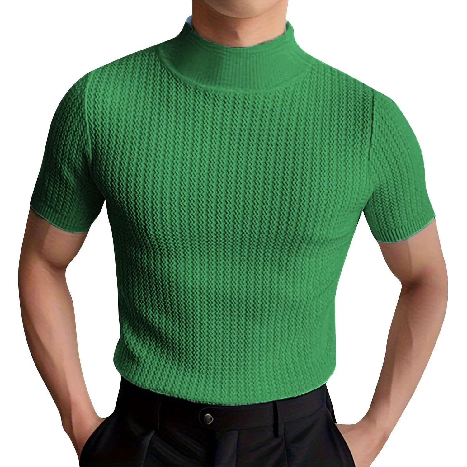 Мужская футболка с высоким воротом, коротким рукавом, однотонная, Z31-green Mock Neck Tops for Men