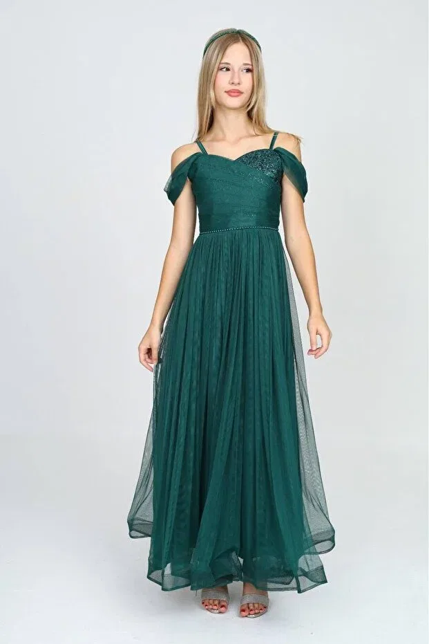 Детское платье из тюля с блестящей вышивкой Asalea, Emerald Green