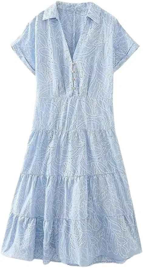 Женское летнее платье A-силуэта с вышивкой, Lightblue