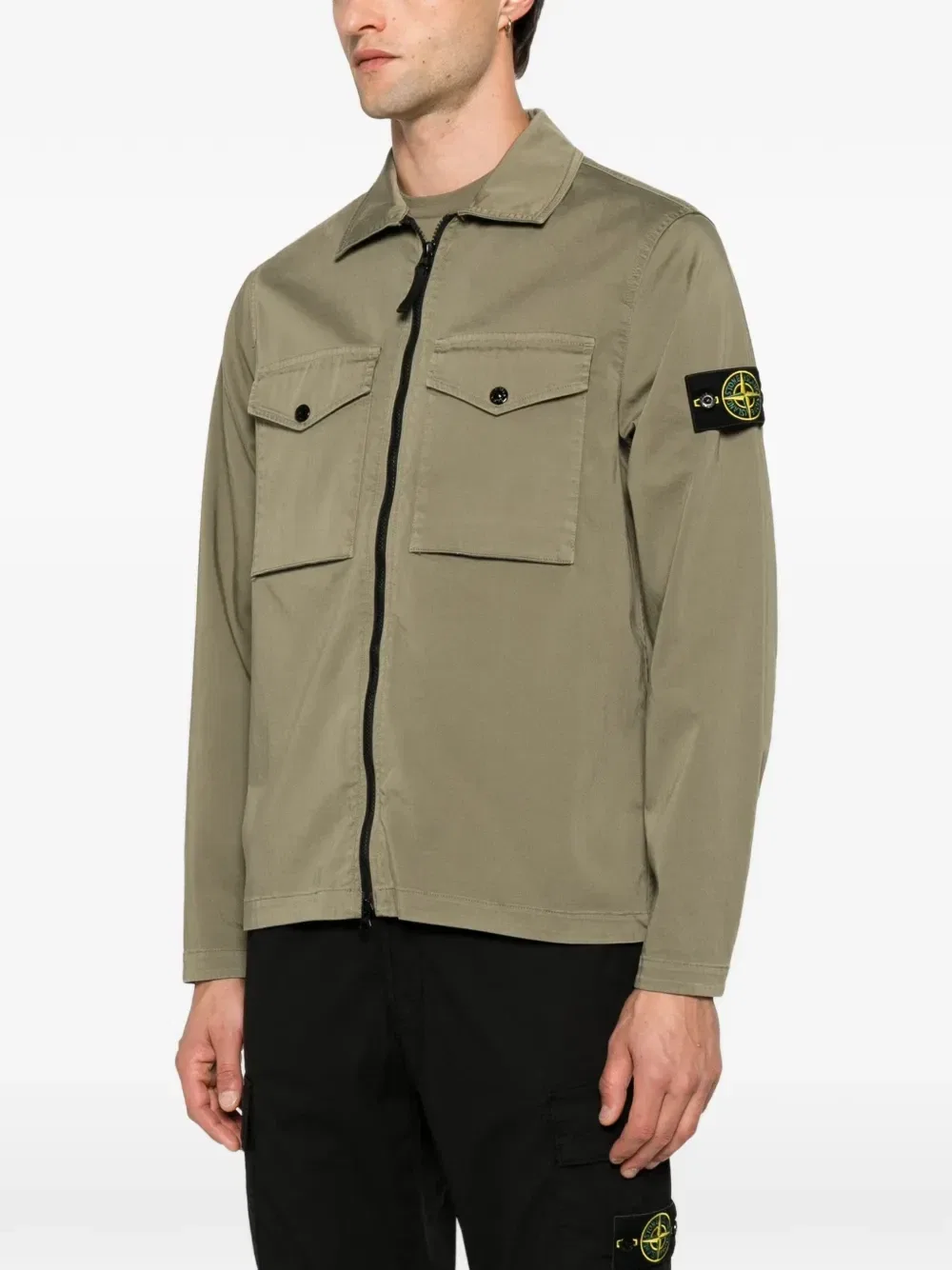 Хлопковая рубашка на молнии с нашивкой-логотипом Stone Island, зеленый — фото 3