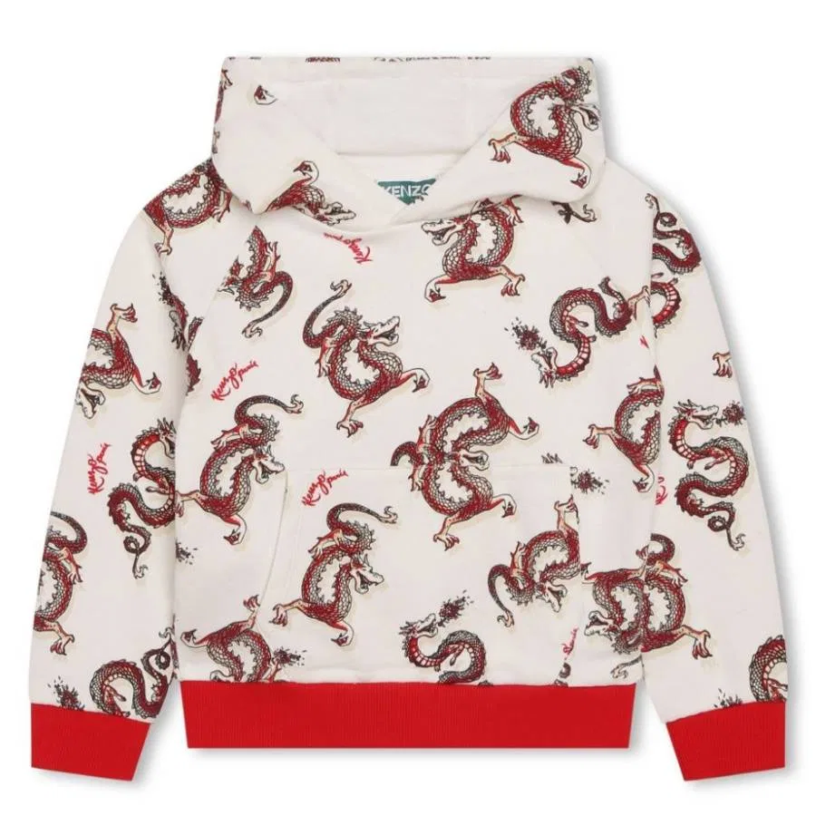 Худи с принтом Kids Dragons Print Cotton Hoodie Kenzo, White