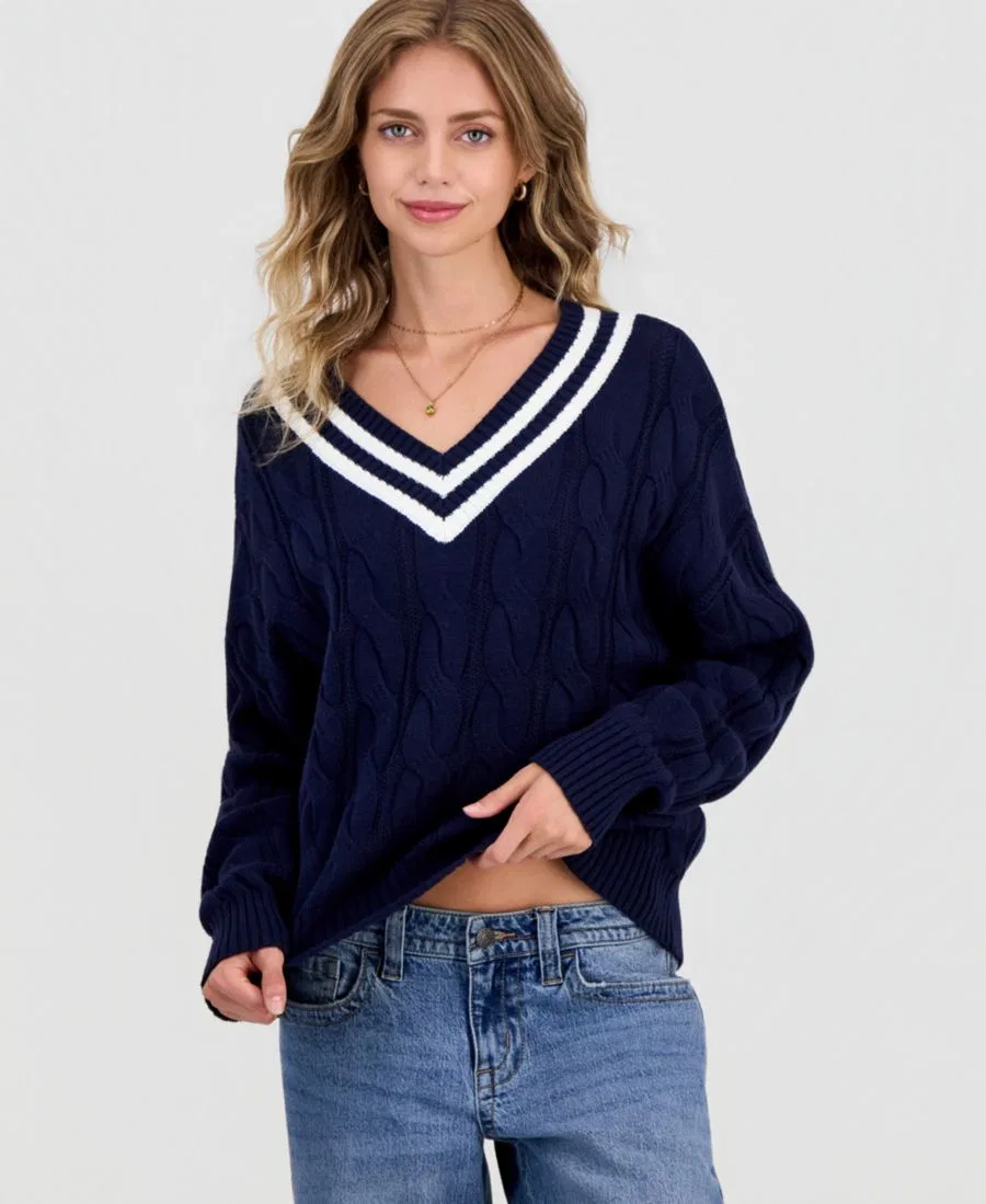 Свитер с v-образным вырезом и косами, модель Varsity Hippie Rose, Navy Blazer