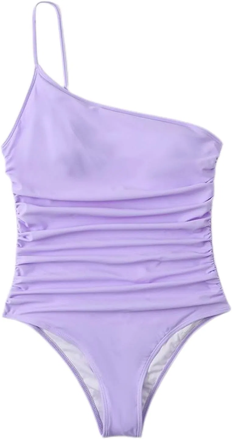 Женский цельнокроеный купальник на одно плечо с рюшами Light Purple