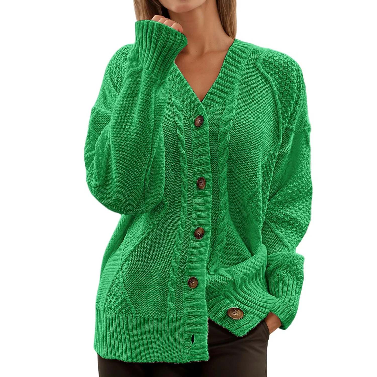 Женский кардиган с длинным рукавом, открытый, Verde